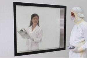 BioSafe® powder-coated flush-mount cleanroom window made of tempered glass.